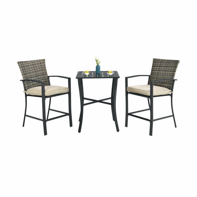3 Pieces Patio Rattan Bar Furniture Set with Slat Table and 2 Cushioned Stools-GrayCostway Gallery View 8 of 10