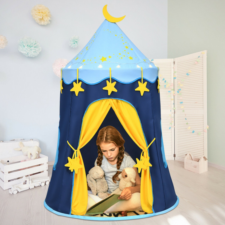 Indoor Outdoor Kids Foldable Pop-Up Play Tent with Star Lights Carry Bag-BlueCostway Gallery View 7 of 12