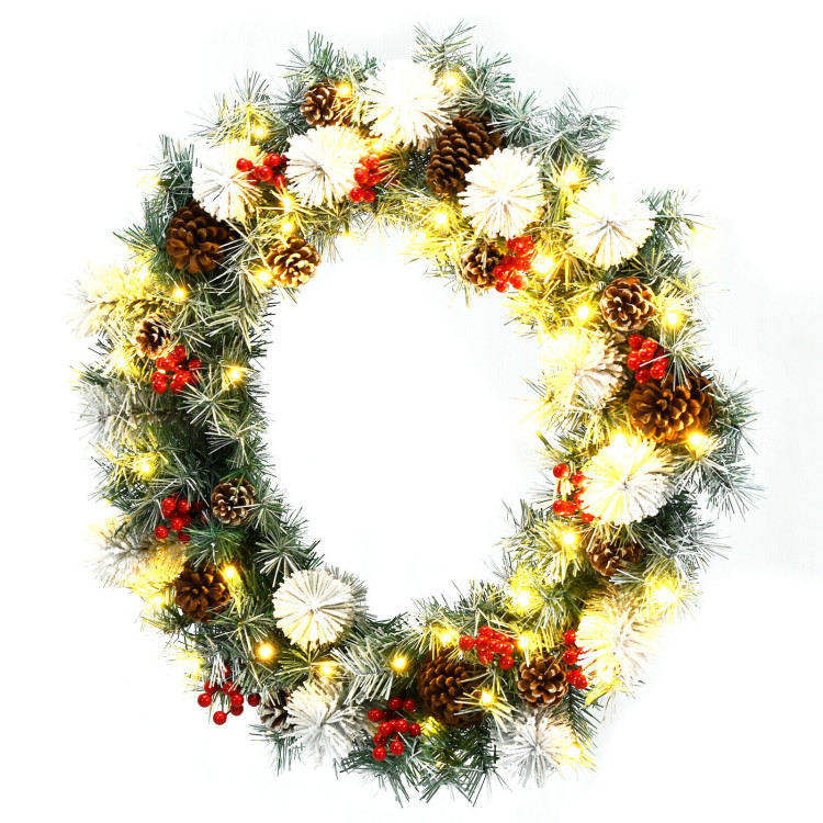30-Inch Pre-lit Flocked Artificial Christmas Wreath with Mixed DecorationsCostway Gallery View 9 of 11