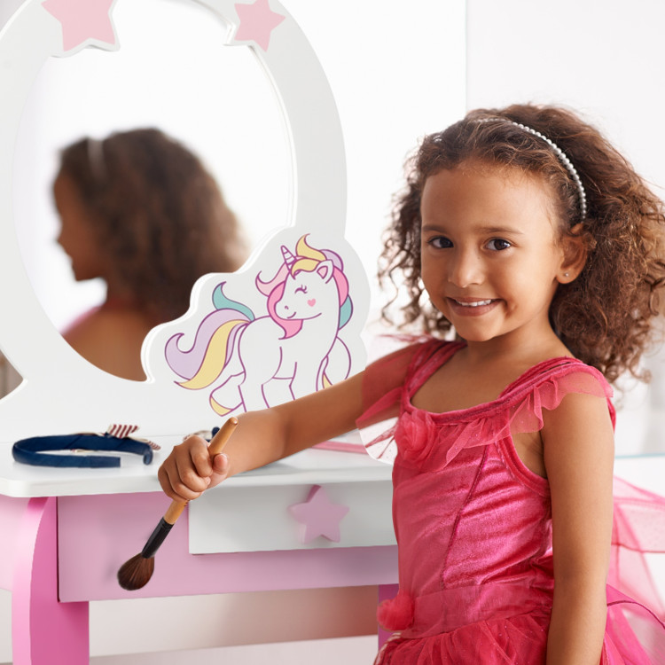 Kids Wooden Makeup Dressing Table and Chair Set with Mirror and DrawerCostway Gallery View 7 of 12