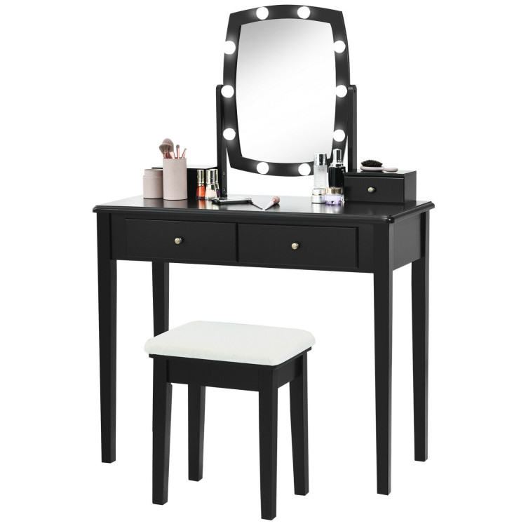 Vanity Table Set with Lighted Mirror for Bedroom and Dressing Room-BlackCostway Gallery View 7 of 10