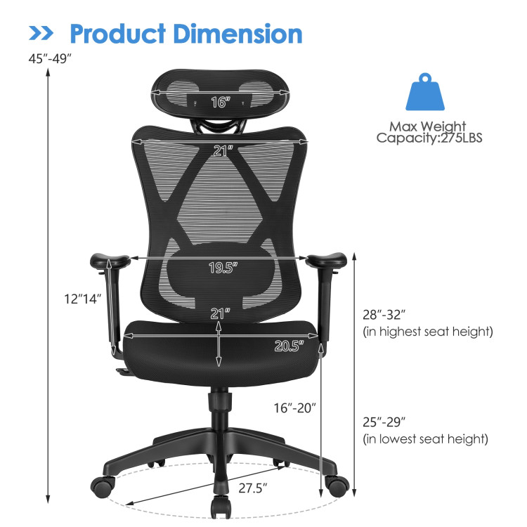 High Back Mesh Executive Chair with Adjustable Lumbar SupportCostway Gallery View 5 of 11