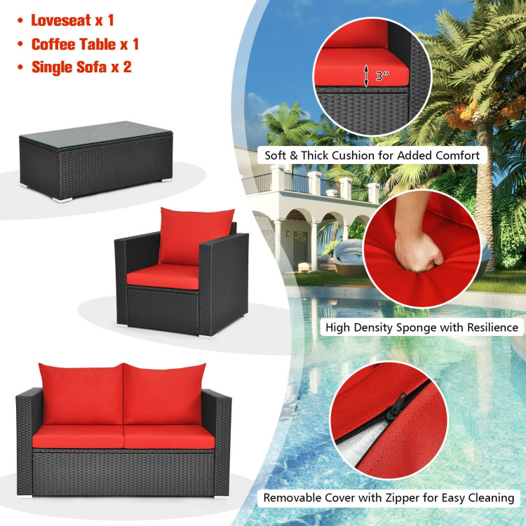 4 Pieces Patio Rattan Conversation Set with Padded Cushion and Tempered Glass Coffee Table-RedCostway Gallery View 9 of 11