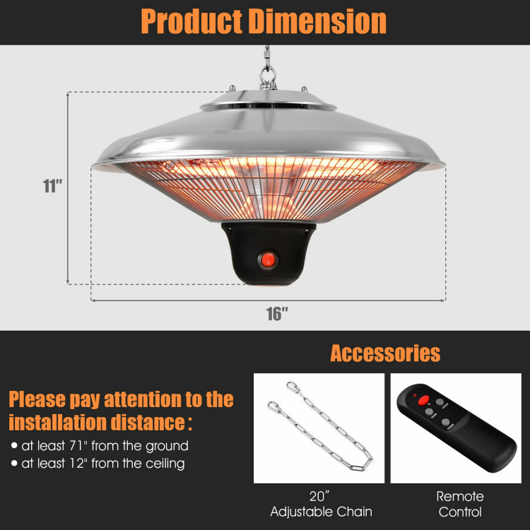 1500W Electric Hanging Ceiling Mounted Infrared Heater with Remote Control-WhiteCostway Gallery View 4 of 11