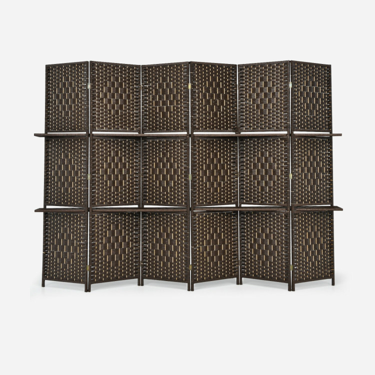6 Panel Folding Weave Fiber Room Divider with 2 Display Shelves -BrownCostway Gallery View 7 of 11