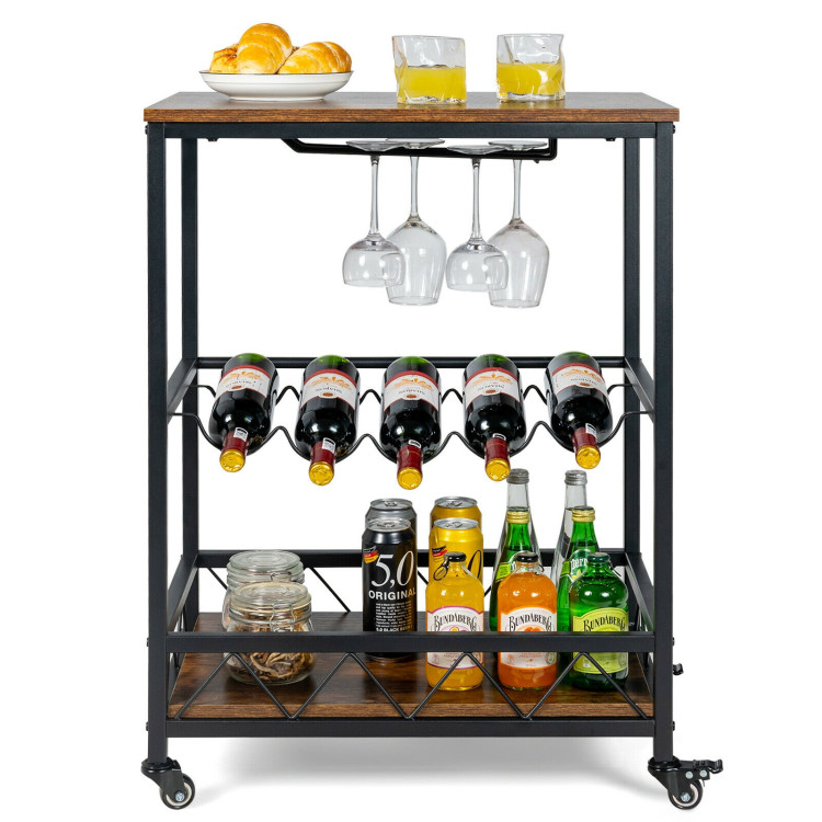 Kitchen Bar Cart Serving Trolley on Wheels with Wine Rack Glass Holder-Rustic BrownCostway Gallery View 8 of 11