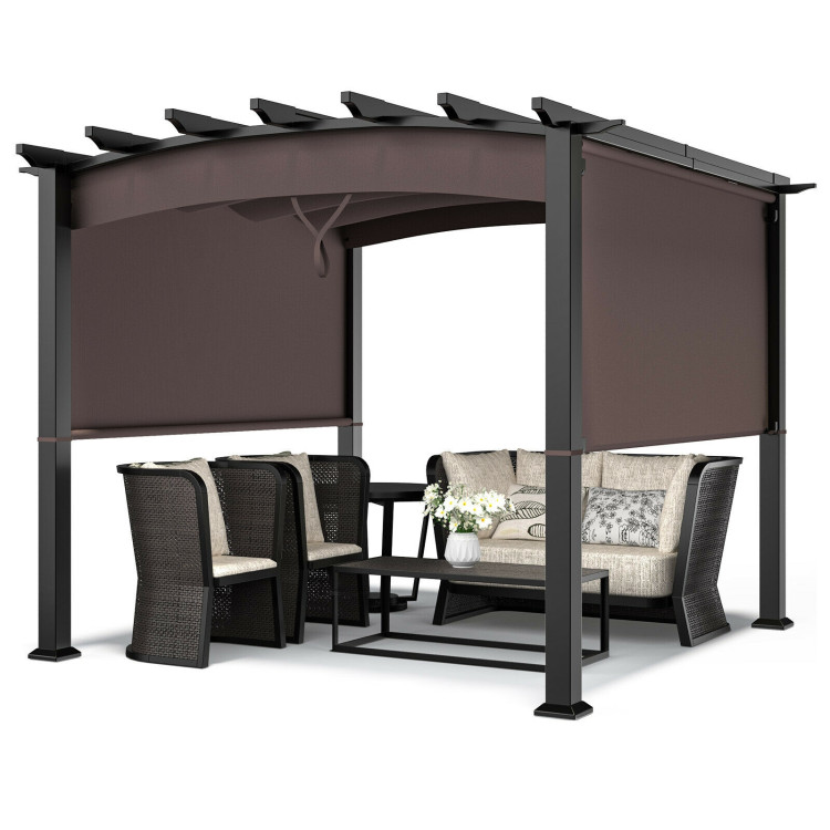 10 x 10 Feet Outdoor Retractable Pergola with Adjustable Sliding Sun Shade Canopy-BrownCostway Gallery View 8 of 10