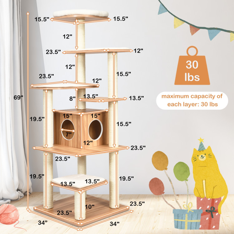 Wood Multi-Layer Platform Cat Tree with Scratch Resistant RopeCostway Gallery View 4 of 12