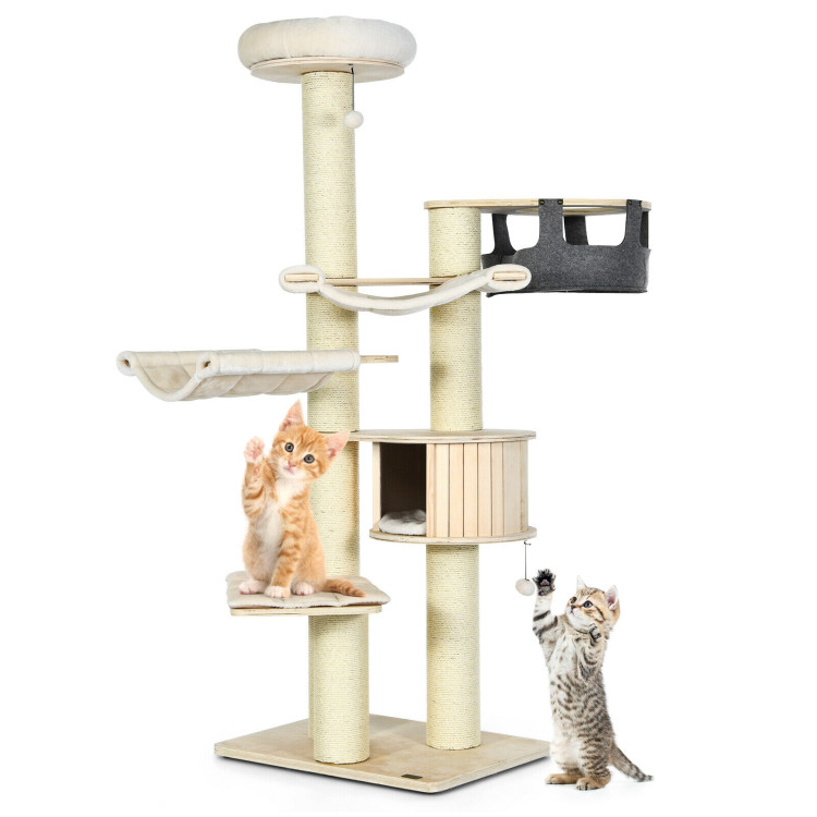 77.5-Inch Cat Tree Condo Multi-Level Kitten Activity Tower with Sisal Posts-Cream WhiteCostway Gallery View 7 of 10