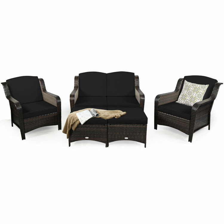 5 Pieces Patio Rattan Sofa Set with Cushion and Ottoman-BlackCostway Gallery View 8 of 12