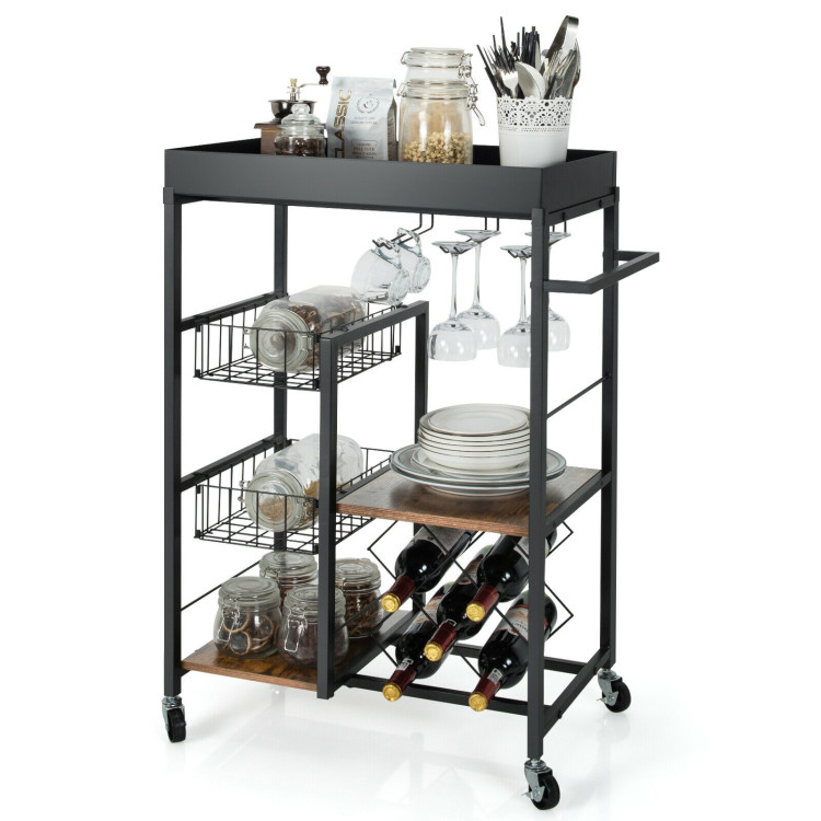 Kitchen Island Cart on Wheels with Removable Top and Wine Rack-Rustic BrownCostway Gallery View 7 of 11