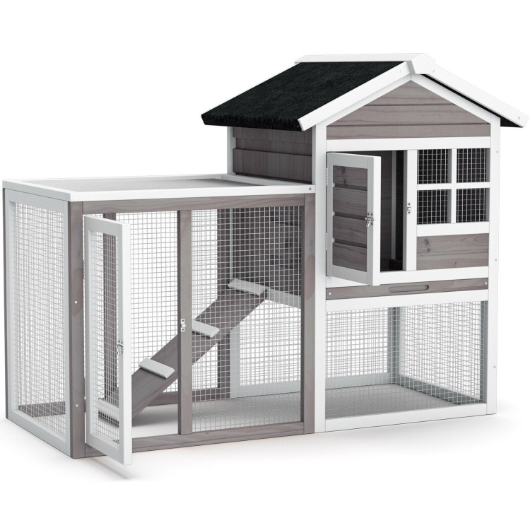 2-Story Wooden Rabbit Hutch with Running Area-GrayCostway Gallery View 1 of 10
