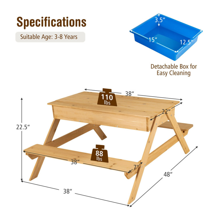 3-in-1 Kids Picnic Table Wooden Outdoor Water Sand Table with Play BoxesCostway Gallery View 4 of 10