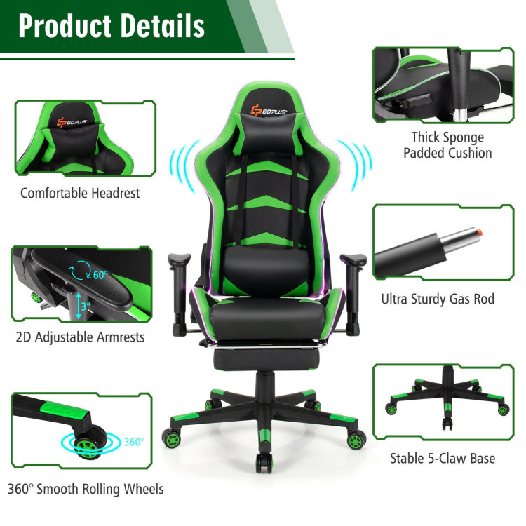 Massage LED Gaming Chair with Lumbar Support and Footrest-GreenCostway Gallery View 12 of 12
