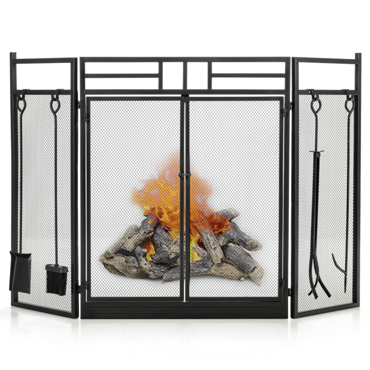 3-Panel Folding Wrought Iron Fireplace Screen with Doors and 4 Pieces Tools Set-BlackCostway Gallery View 8 of 10