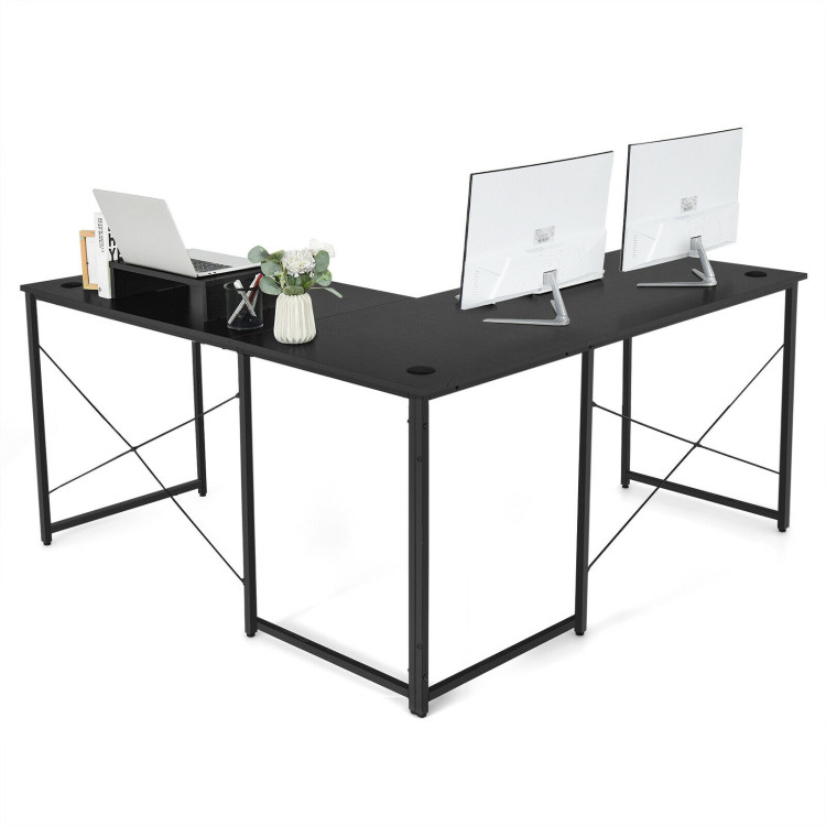 95 Inch 2-Person L-Shaped Long Reversible Computer Desk with Monitor Stand-BlackCostway Gallery View 9 of 11