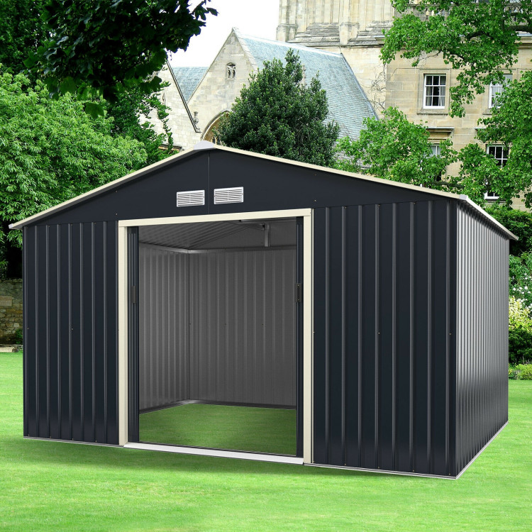 11 x 8 Feet Metal Storage Shed for Garden and Tools with 2 Lockable Sliding Doors-GrayCostway Gallery View 8 of 12