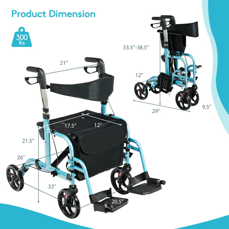 2-in-1 Adjustable Folding Handle Rollator Walker with Storage Space-BlueCostway Gallery View 4 of 12
