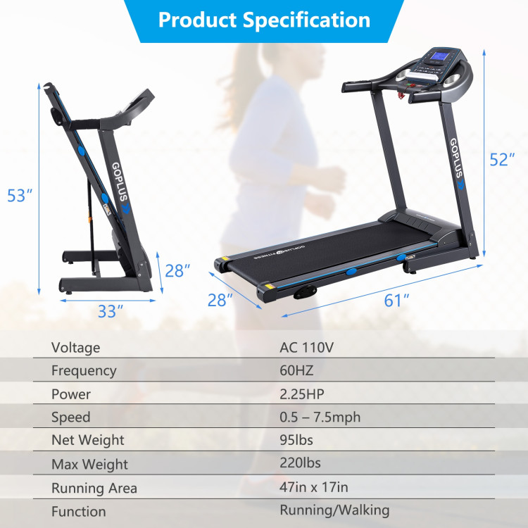 2.25 HP Folding Electric Motorized Power Treadmill with Blue Backlit LCD DisplayCostway Gallery View 4 of 10
