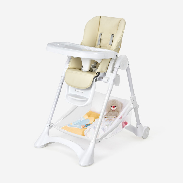 Baby Convertible Folding Adjustable High Chair with Wheel Tray Storage Basket -BeigeCostway Gallery View 10 of 14
