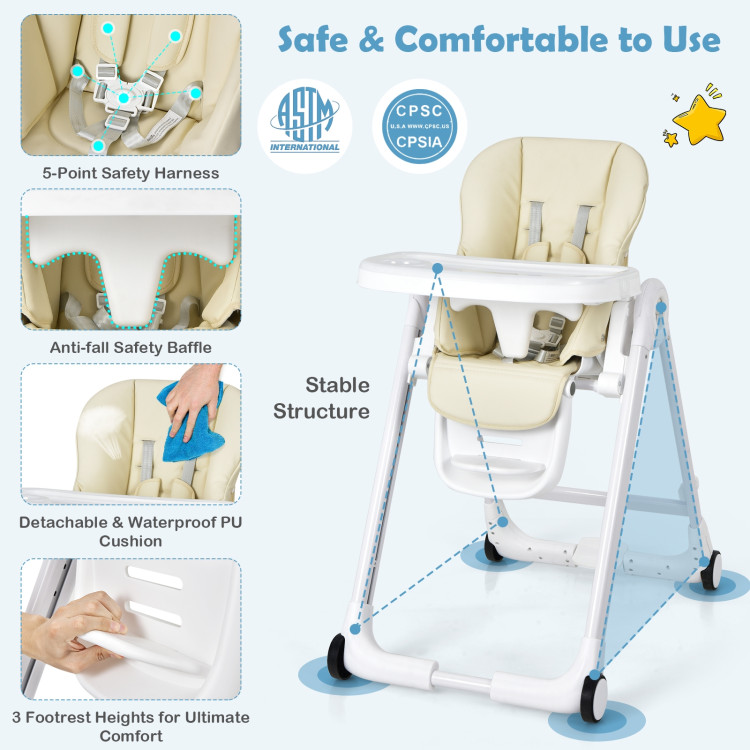 Baby Folding Convertible High Chair with Wheels and Adjustable Height-BeigeCostway Gallery View 10 of 13