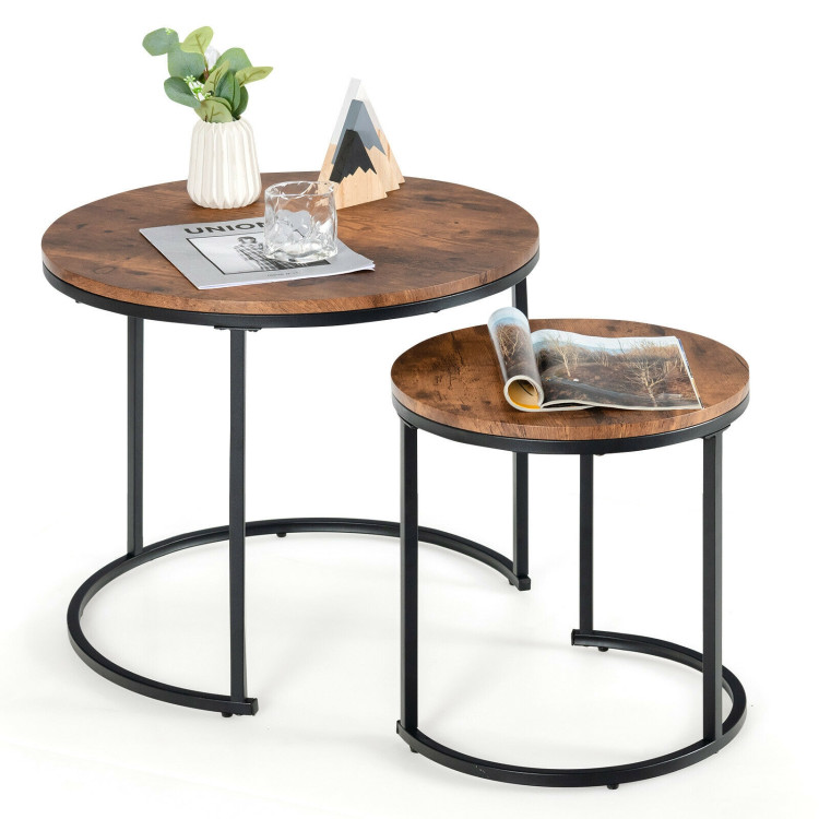 Set of 2 Modern Round Stacking Nesting Coffee Tables for Living Room-Rustic BrownCostway Gallery View 7 of 12