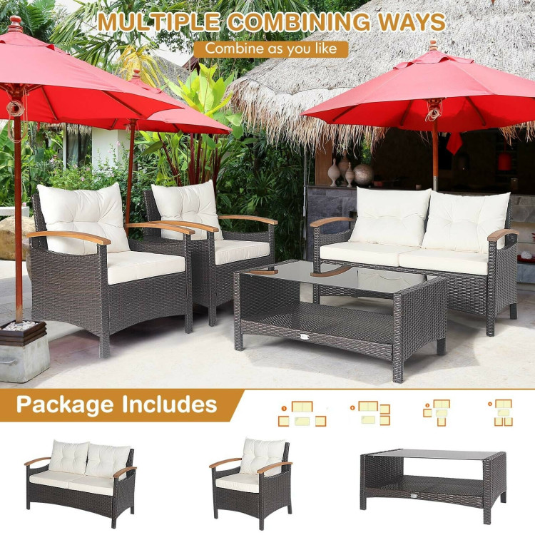 4 Pieces Patio Rattan Furniture Set with Cushioned Sofa and Storage Table-WhiteCostway Gallery View 6 of 11