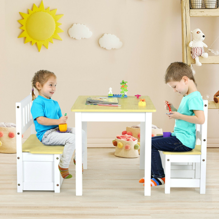 4 Pieces Kids Wooden Activity Table and Chairs Set with Storage Bench and Study Desk-NaturalCostway Gallery View 8 of 12