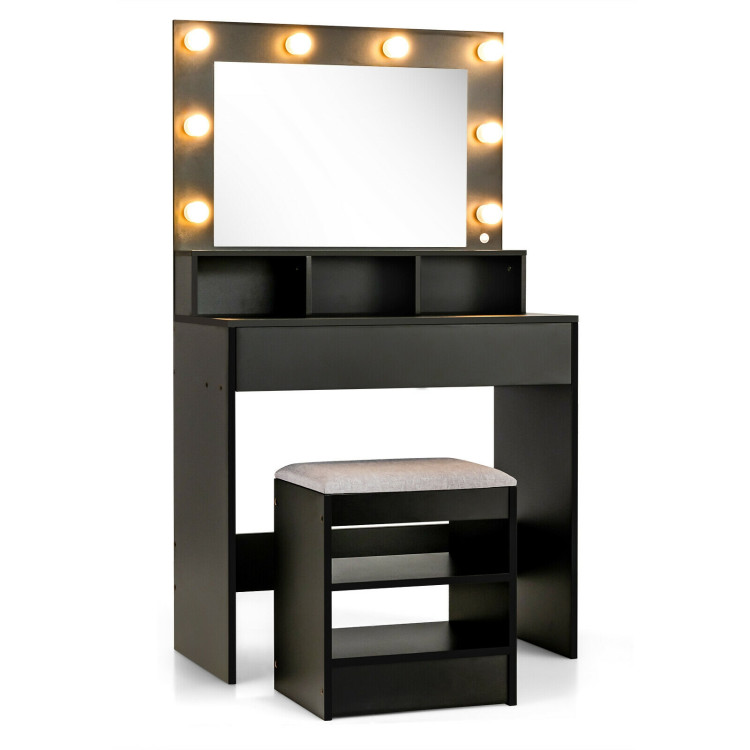 Vanity Table Set with Lighted Mirror and Cushion Stool-BlackCostway Gallery View 8 of 11