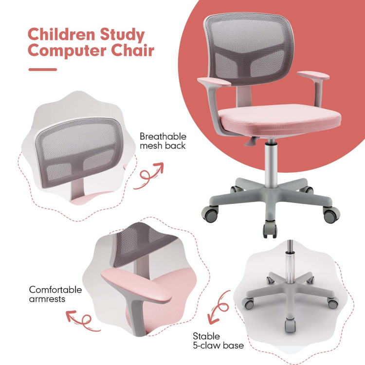 Adjustable Desk Chair with Auto Brake Casters for Kids-PinkCostway Gallery View 10 of 10