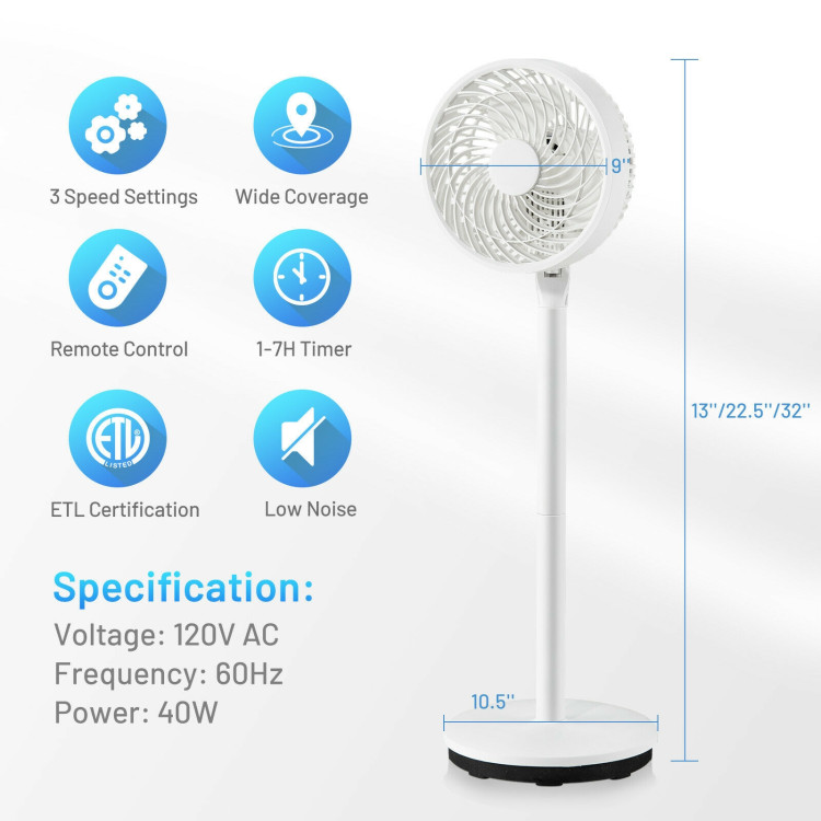 9 Inch Portable Oscillating Pedestal Floor Fan with Adjustable Heights and Speeds-WhiteCostway Gallery View 5 of 13