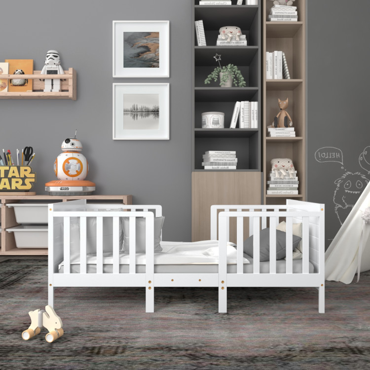 2-in-1 Convertible Kids Wooden Bedroom Furniture with Guardrails-WhiteCostway Gallery View 6 of 12