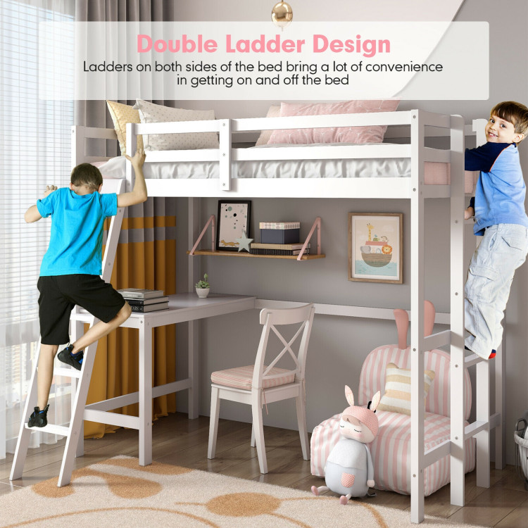 Twin Size Loft Bed Frame with Desk Angled and Built-in Ladder-WhiteCostway Gallery View 11 of 12