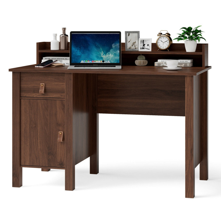 48 Inch Computer Desk Writing Workstation with Drawer and Hutch Walnut-WalnutCostway Gallery View 9 of 12
