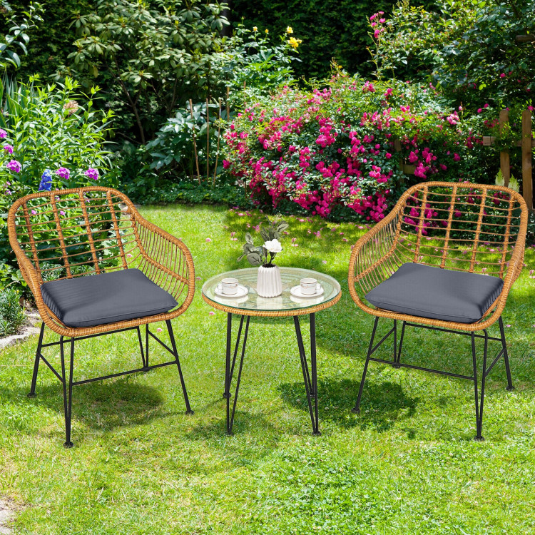 3 Pieces Rattan Furniture Set with Cushioned Chair Table-GrayCostway Gallery View 6 of 12