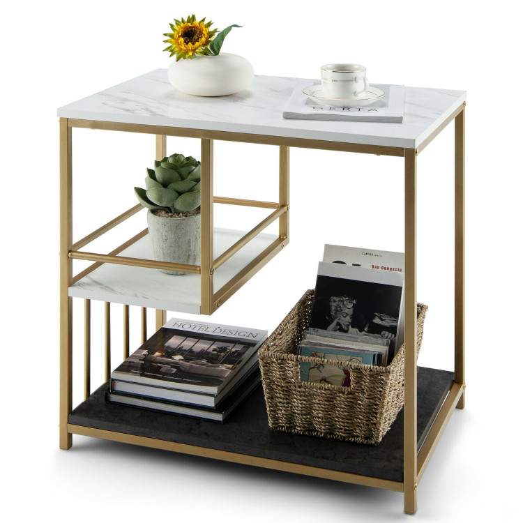 3-Tier Multi-function Marble End Table with Storage Shelf-GoldenCostway Gallery View 9 of 10