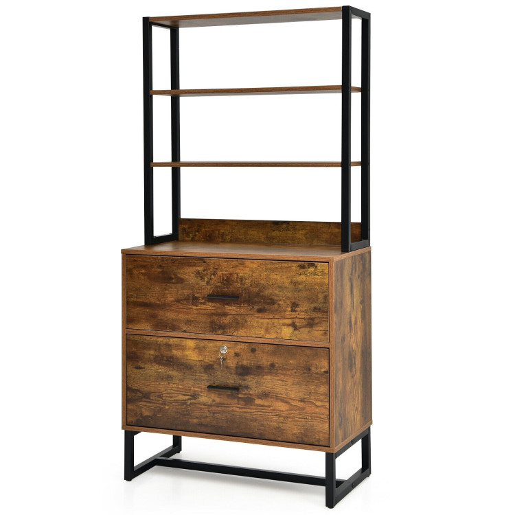 Letter Size Lateral File Cabinet with Lock and Bookshelf-Rustic BrownCostway Gallery View 4 of 11