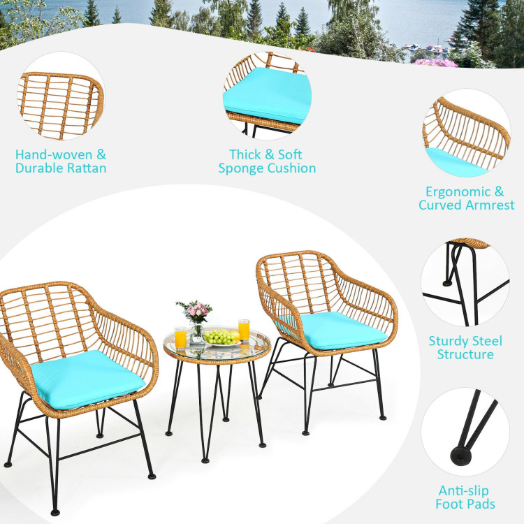 3 Pieces Rattan Furniture Set with Cushioned Chair Table-TurquoiseCostway Gallery View 11 of 11