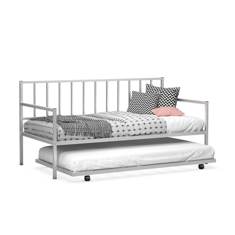 Twin Metal Daybed Sofa Bed Set with Roll Out Trundle-SilverCostway Gallery View 4 of 10