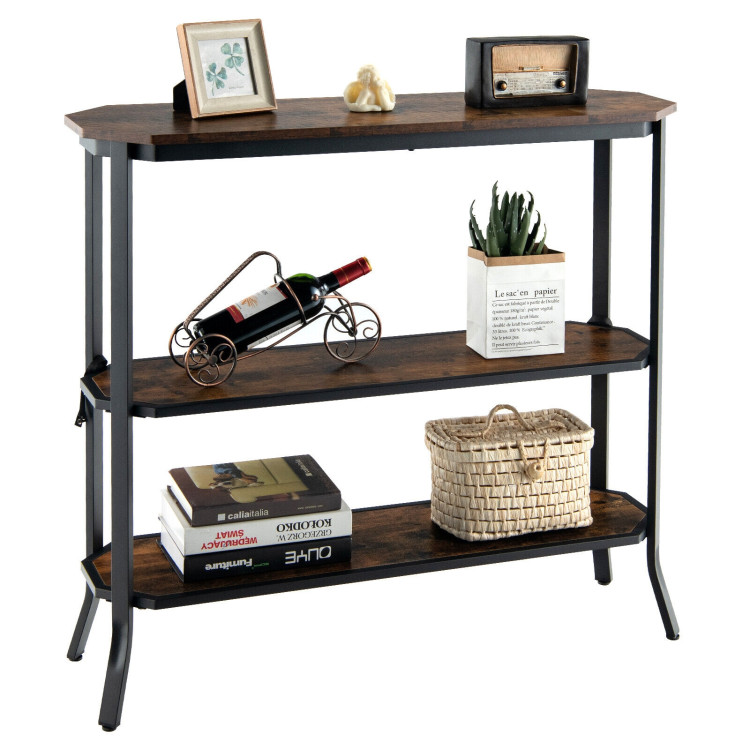 3-Tier Steel Frame Entryway Sofa Console Table for Hallway and Living Room-Rustic BrownCostway Gallery View 7 of 10