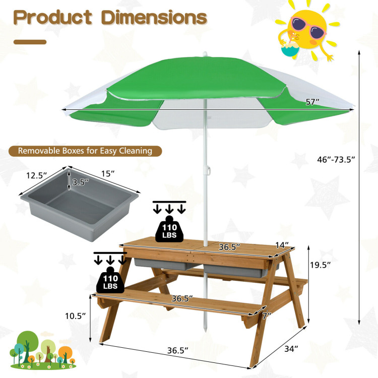 3-in-1 Kids Outdoor Picnic Water Sand Table with Umbrella Play BoxesCostway Gallery View 4 of 11