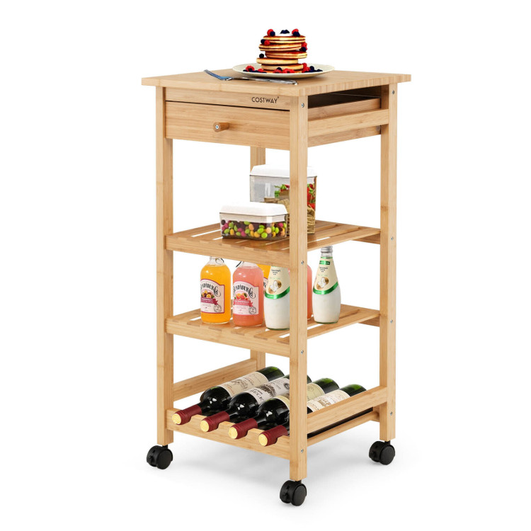Bamboo Rolling Kitchen Trolley Cart with Drawer and Wine Rack-NaturalCostway Gallery View 8 of 10
