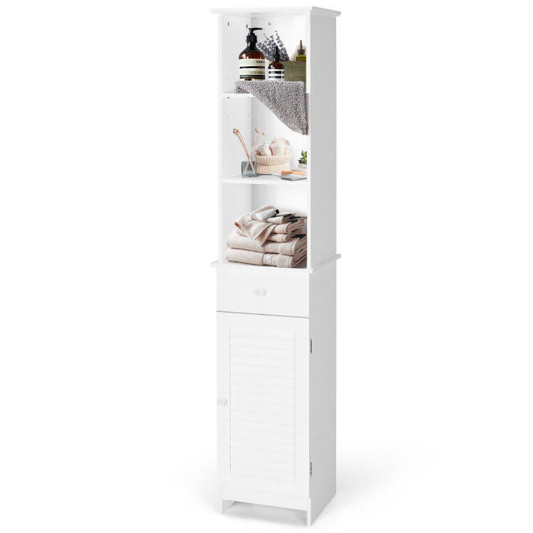 Bathroom Tall Freestanding Storage Cabinet with Open Shelves and Drawer-WhiteCostway Gallery View 8 of 10