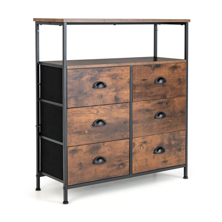 2-Tier Storage Chest with Wooden Top and 6 Fabric Drawers-Rustic BrownCostway Gallery View 3 of 11