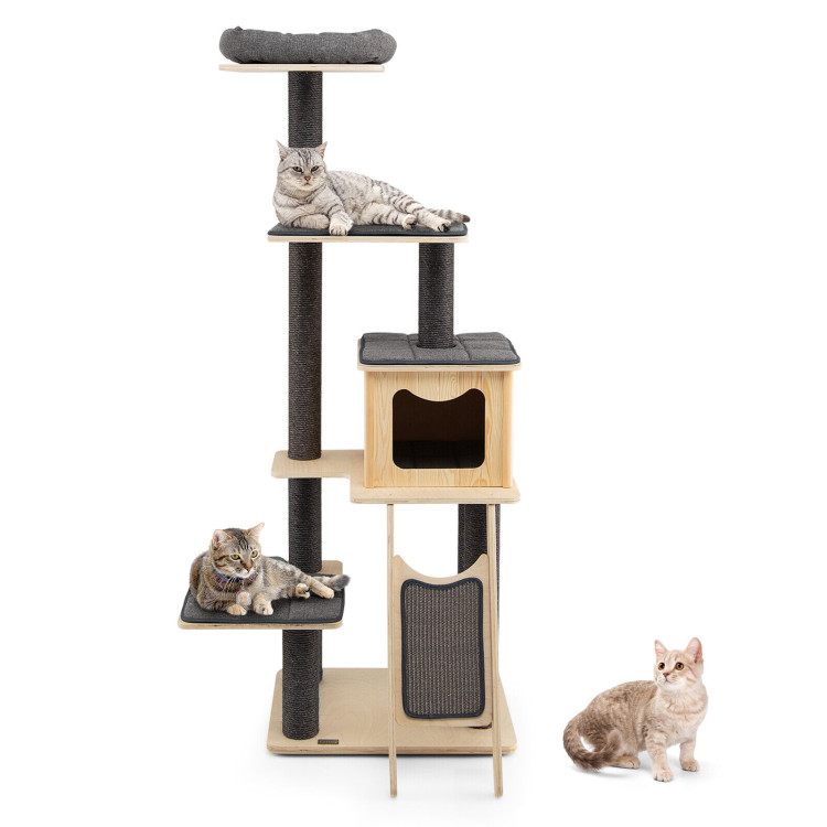 5-Tier Modern Wood Cat Tower with Washable Cushions-GrayCostway Gallery View 7 of 10