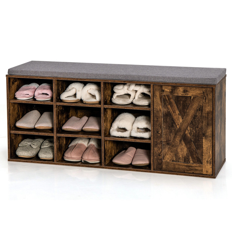 9-cube Adjustable Storage Shoe Bench with Padded Cushion-Rustic BrownCostway Gallery View 7 of 10