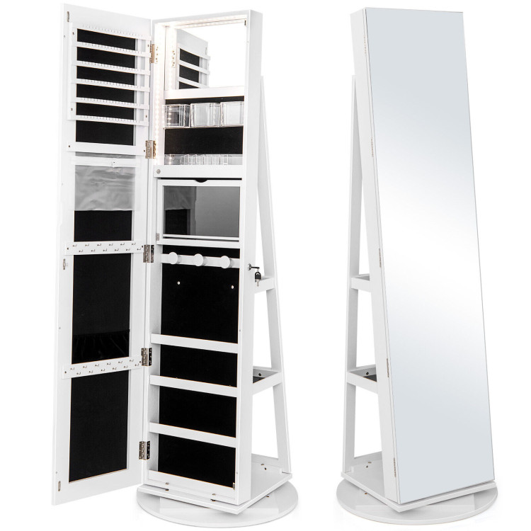 360° Rotating Mirrored Jewelry Cabinet Armoire 3 Color LED Modes Lockable-WhiteCostway Gallery View 3 of 10