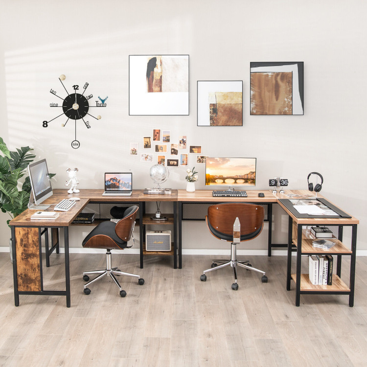 Industrial L-Shaped Corner Computer Desk Office Workstation with Storage Shelves-Rustic BrownCostway Gallery View 9 of 11