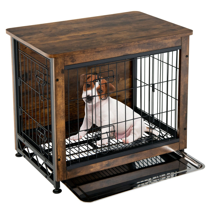 Wooden Dog Crate Furniture with Tray and Double Door-BrownCostway Gallery View 9 of 11