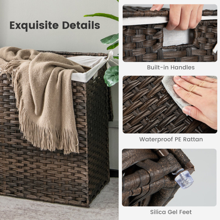10L 3-Section Laundry Hamper with Liner Bag and Handle-BrownCostway Gallery View 10 of 10